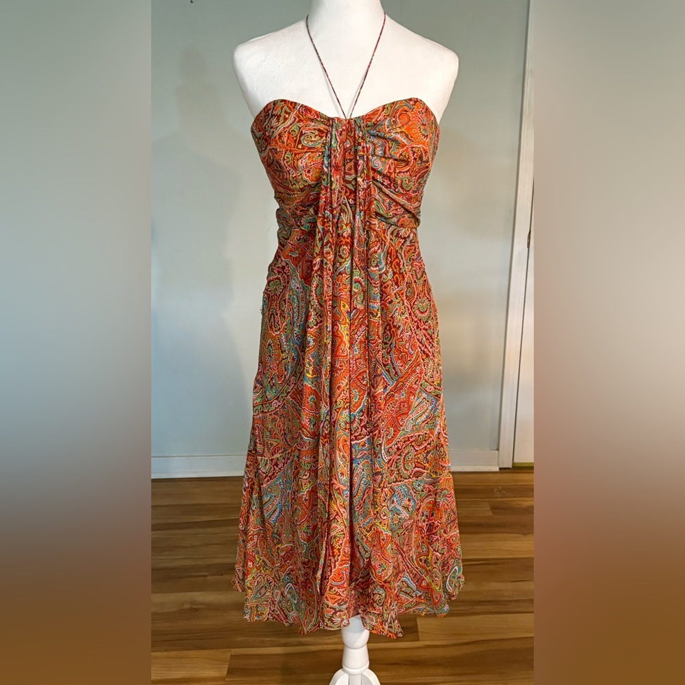 NWT, Shoshanna Silk Midi Dress, Halter and Heart Shaped Neckline, Size 4